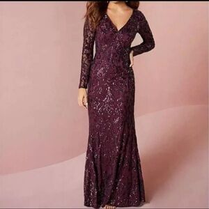 Adrianna Papell Long Sleeve Stretch Sequin Mermaid Gown Cassis 6